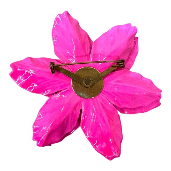 Vintage Hot Pink Enamel on Copper Bright Boho Y2k Chic Flower Brooch Statement - Picture 2 of 3